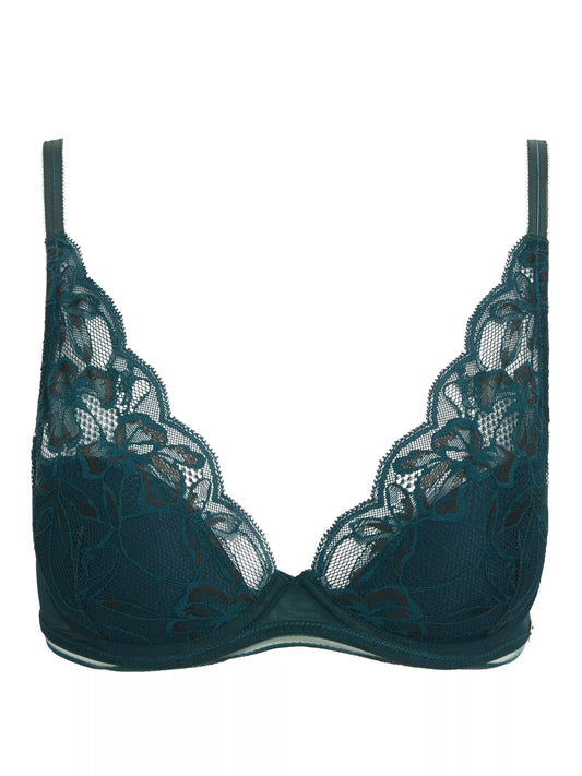‘Wren’ high apex, padded plunge bra in dark green, full support
