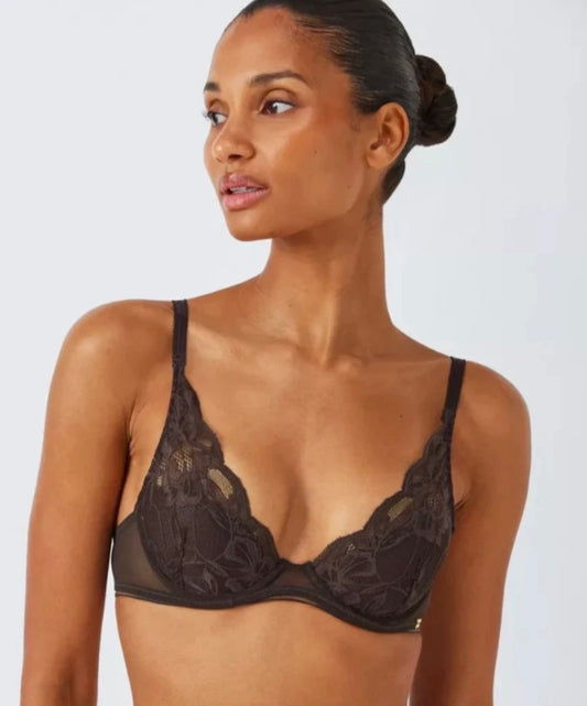 ‘Wren’ high apex, padded, plunge, full support bra in chocolate brown