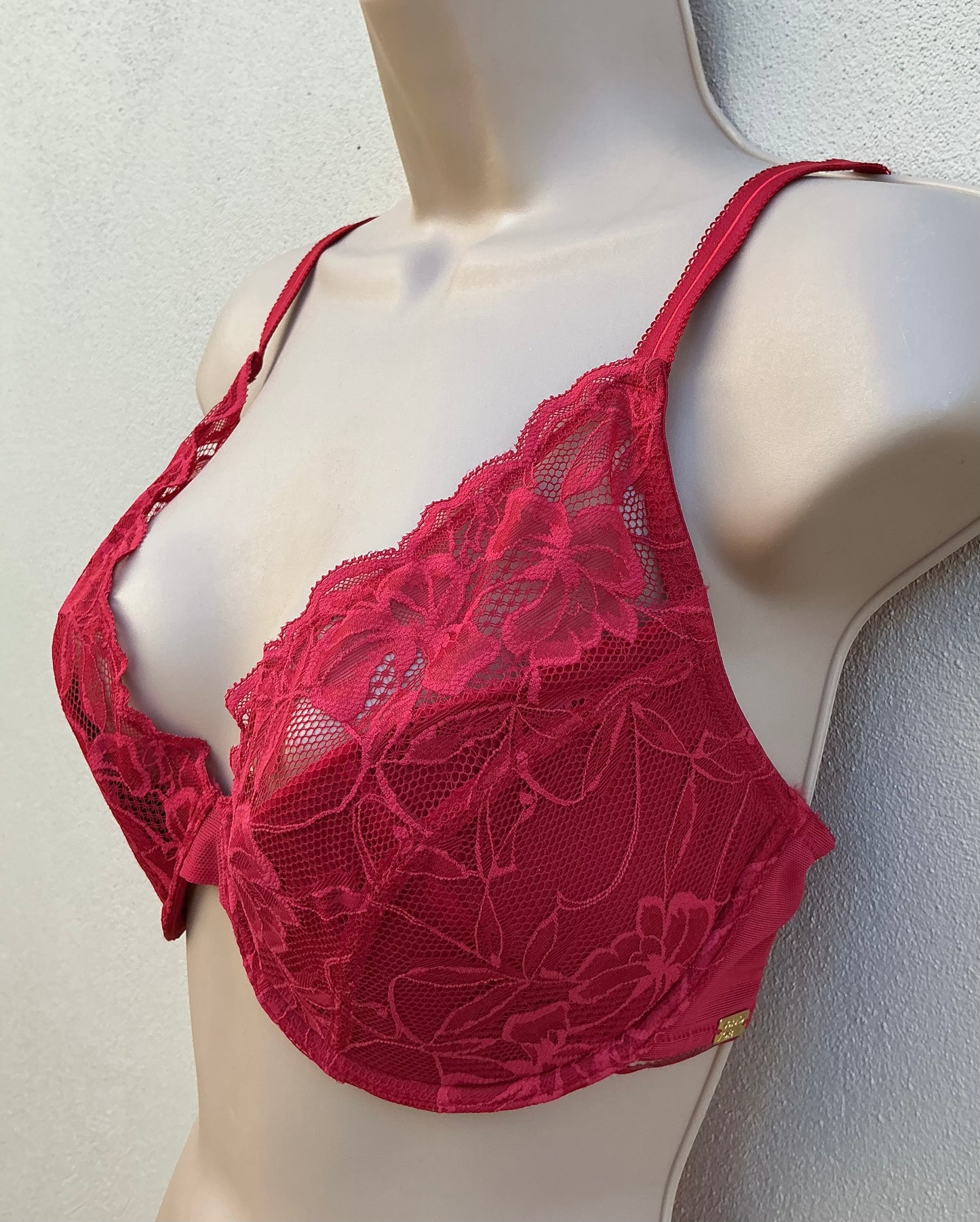‘Wren’ high apex, padded plunge bra in red, full support