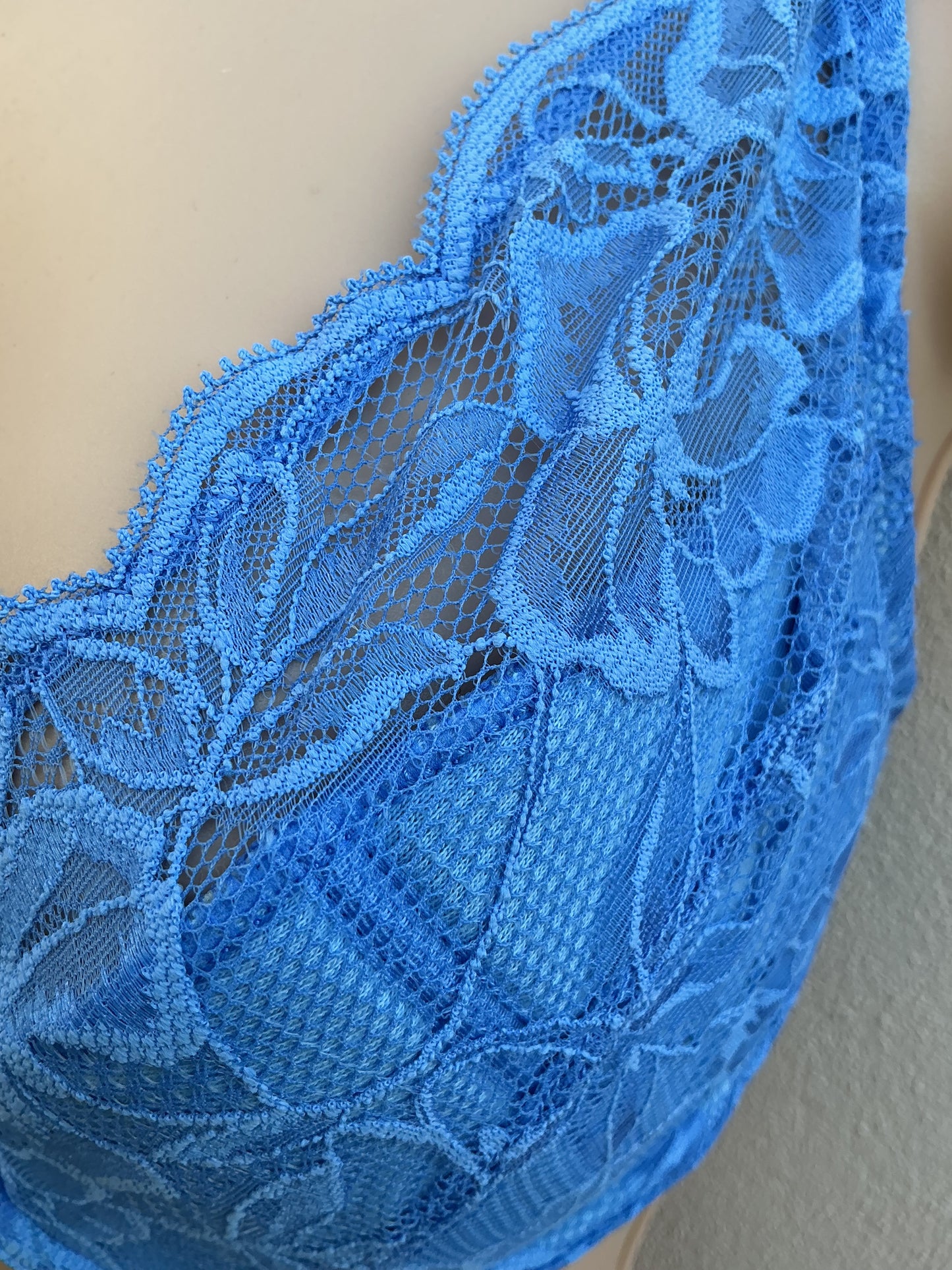 ‘Wren’ high apex, padded plunge bra in cornflower blue size 38DD