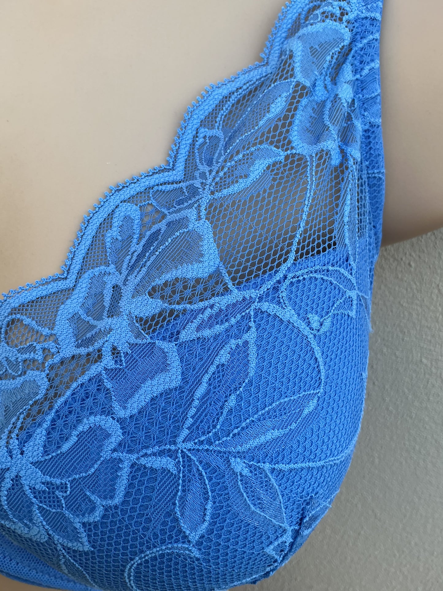 ‘Wren’ high apex, padded plunge bra in cornflower blue, full support
