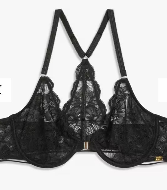 ‘Wren’ non padded, T back, front fastening bra in black