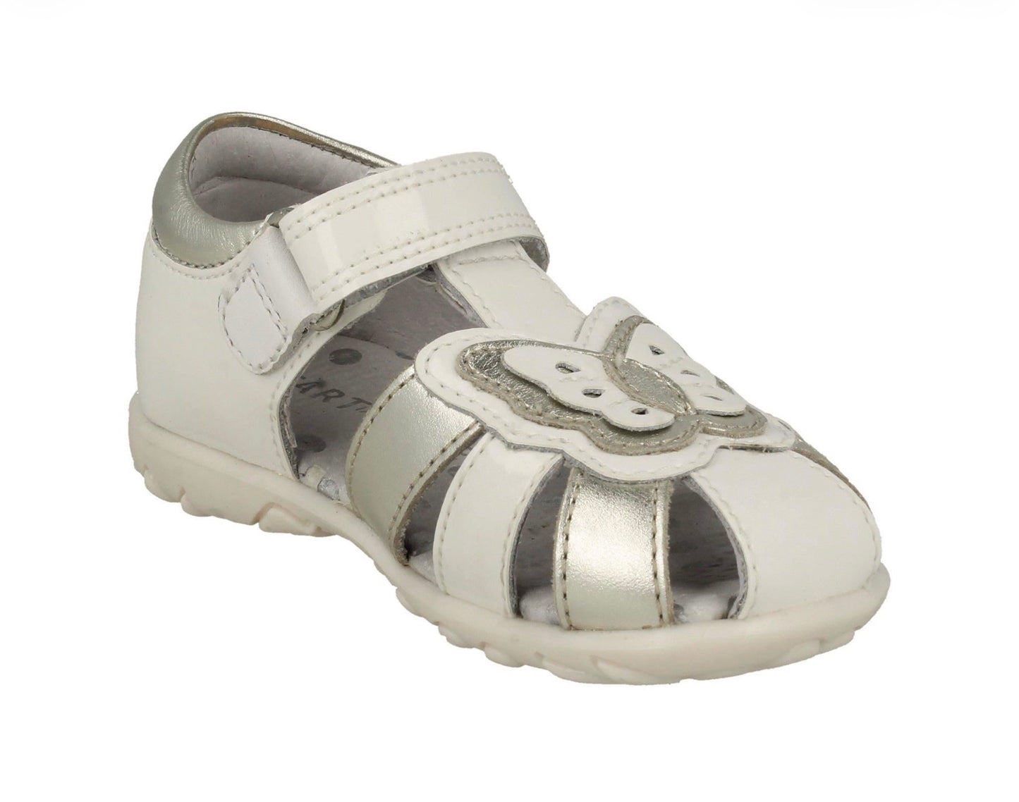 Start-rite ‘Charm’ closed toe sandals in white and silver patent leather