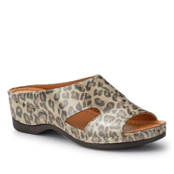 PAVERS wedge heeled mules in metallic leopard size 5 (38)