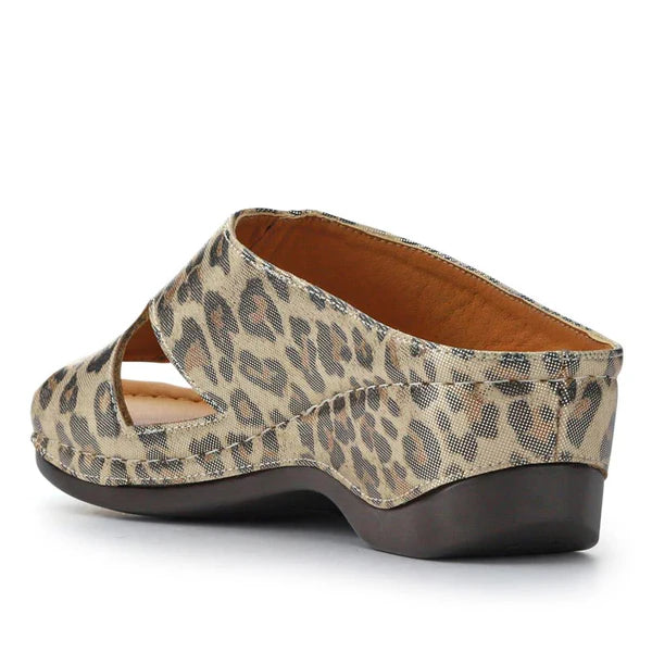 PAVERS wedge heeled mules in metallic leopard size 5 (38)