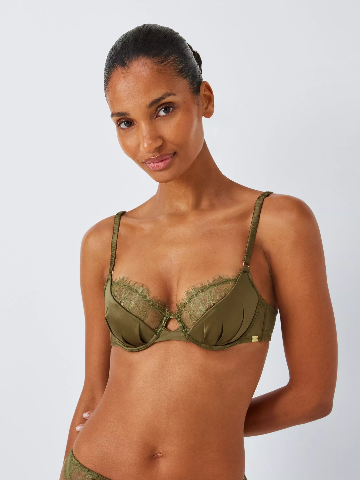 ‘Riley’ lace trim, satin balcony bra in chartreuse
