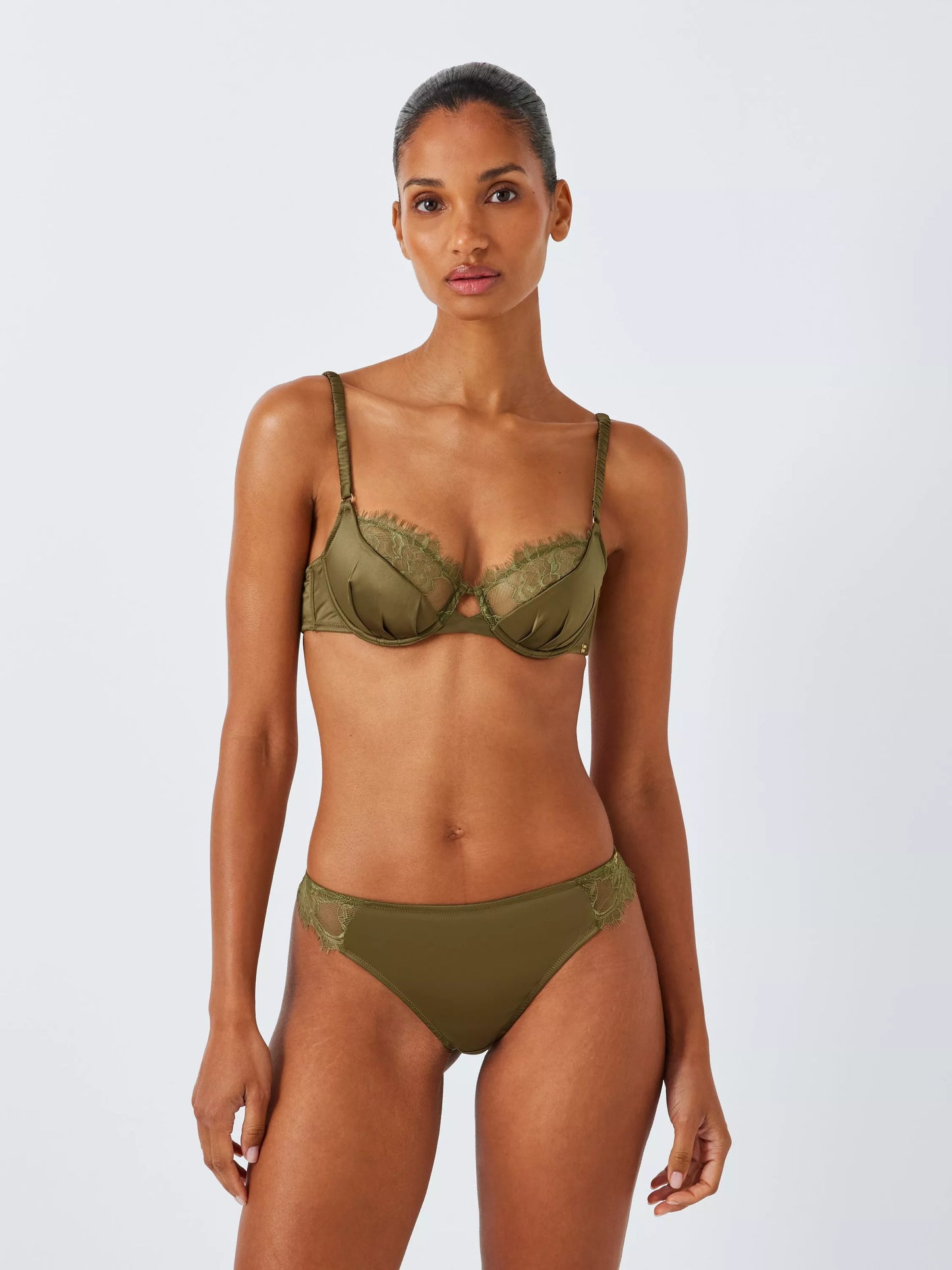 ‘Riley’ lace trim, satin balcony bra in chartreuse