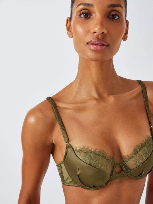 ‘Riley’ lace trim, satin balcony bra in chartreuse