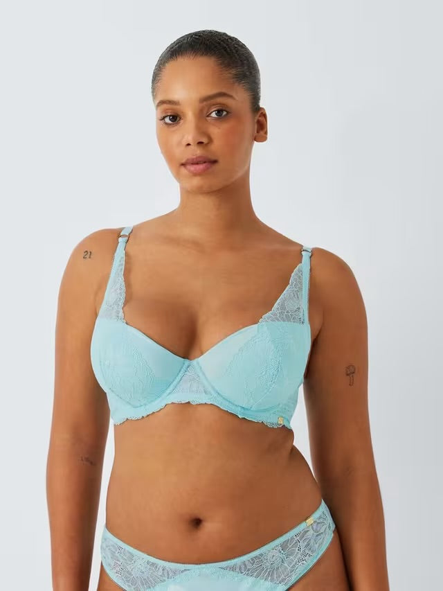 ‘Cora’ padded, plunge bra, full support in aqua blue size 34E