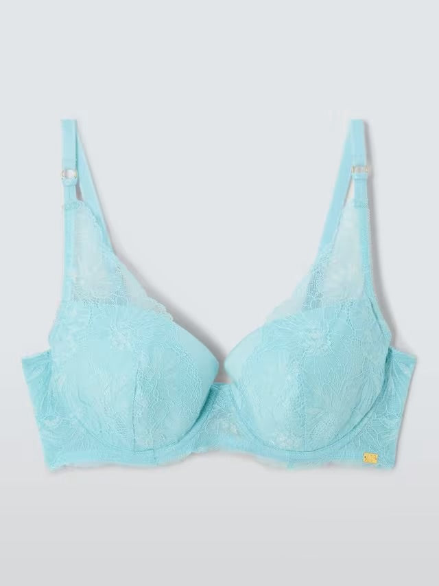 ‘Cora’ padded, plunge bra, full support in aqua blue size 34E