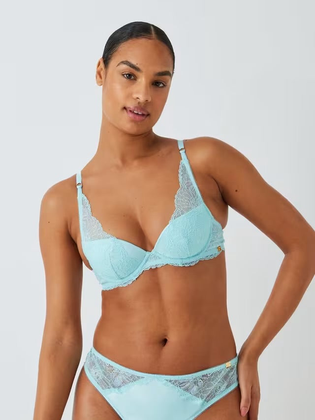 ‘Cora’ lace, padded plunge bra in aqua blue