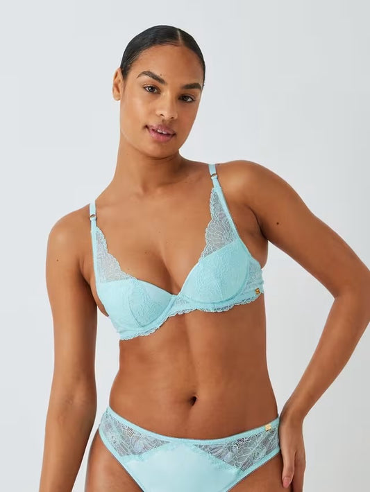 ‘Cora’ lace, padded plunge bra in aqua blue