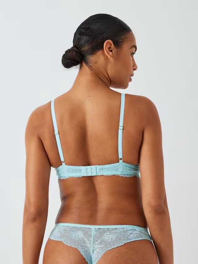 ‘Cora’ lace, padded plunge bra in aqua blue