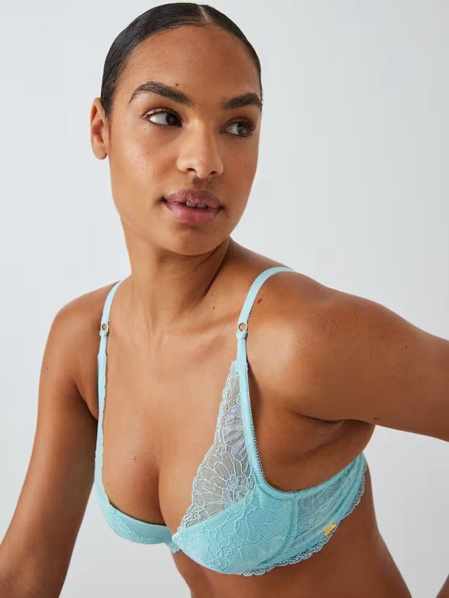 ‘Cora’ lace, padded plunge bra in aqua blue