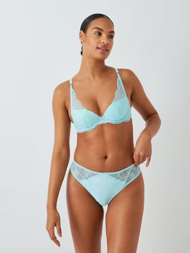 ‘Cora’ lace, padded plunge bra in aqua blue