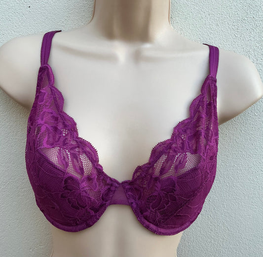 ‘Wren’ high apex, padded plunge, full support bra in mulberry size 32E