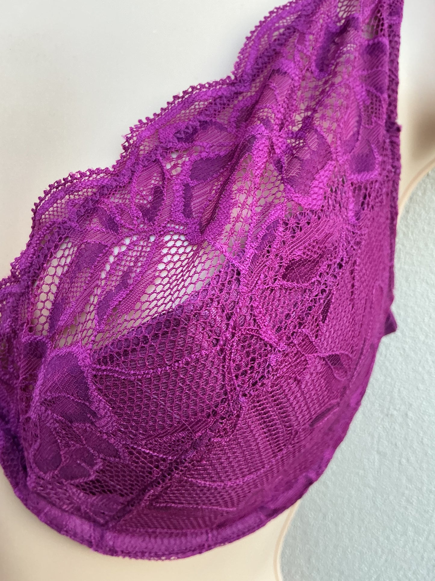 ‘Wren’ high apex, padded plunge, full support bra in mulberry size 32E