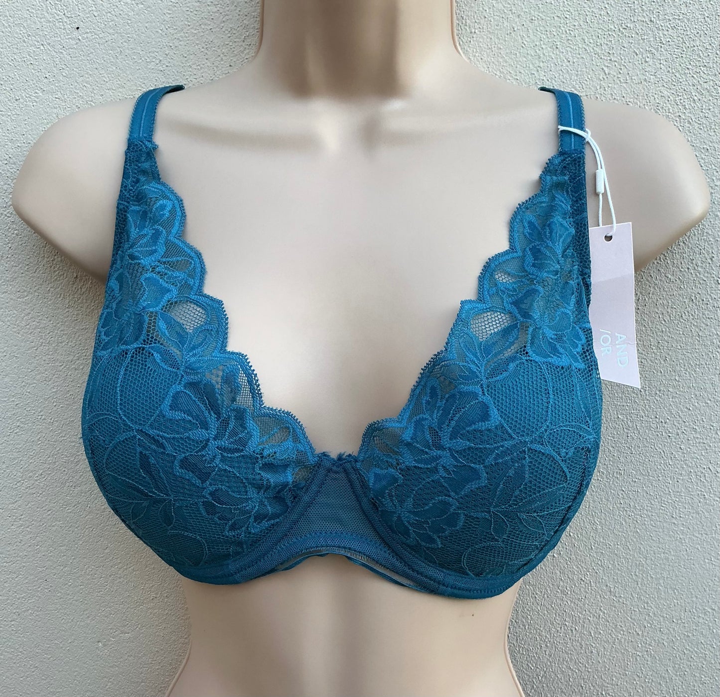 ‘Wren’ high apex, padded plunge bra in teal 38D