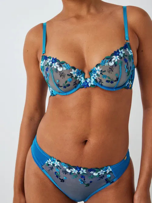 ‘Kiki’ fruity embroidered plunge bra in blue