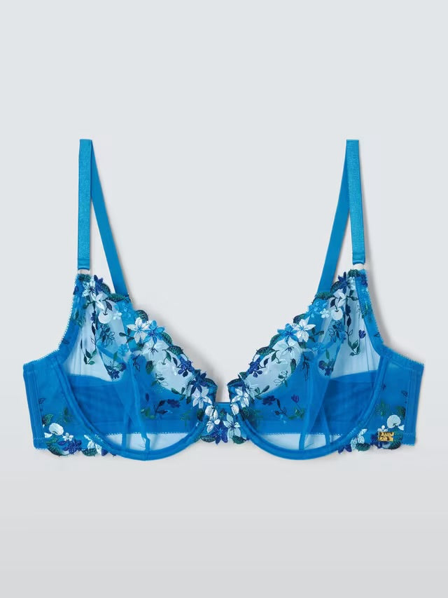 ‘Kiki’ fruity embroidered plunge bra full support in blue