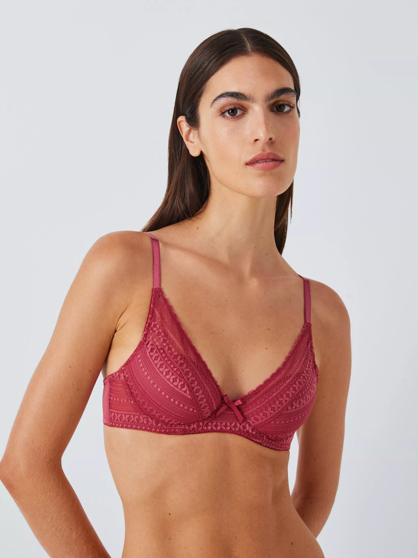 ‘Felicity’ high apex, padded, lace plunge bra in earth red