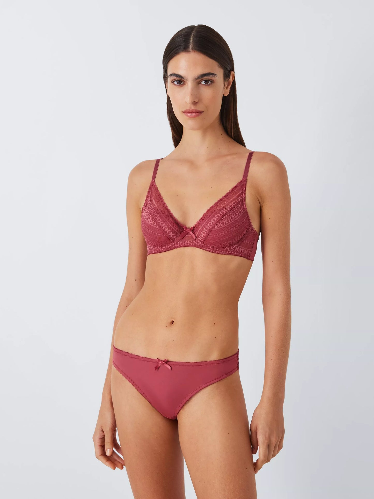 ‘Felicity’ high apex, padded, lace plunge bra in earth red
