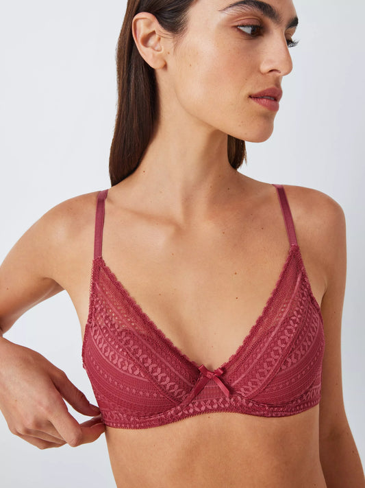 ‘Felicity’ high apex, padded, lace plunge bra in earth red