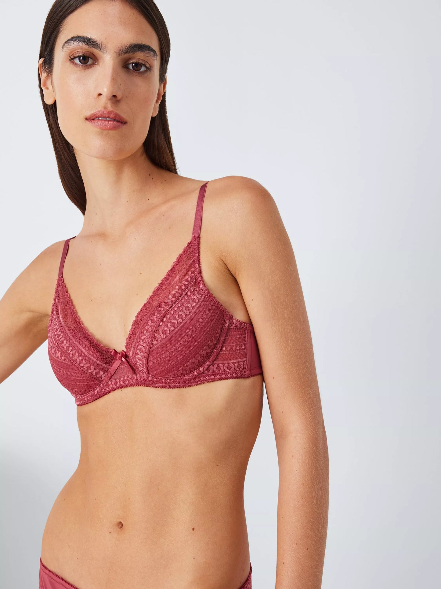 ‘Felicity’ high apex, padded, lace plunge bra in earth red