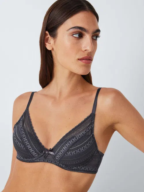 ‘Felicity’ high apex, padded,  lace plunge bra in graphite grey