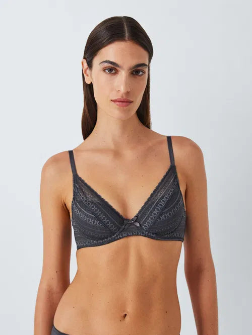 ‘Felicity’ high apex, padded,  lace plunge bra in graphite grey