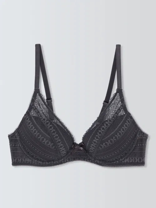 ‘Felicity’ high apex, padded,  lace plunge bra in graphite grey