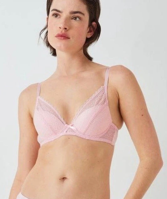 ‘Felicity’ high apex, padded, lace plunge bra in soft pink