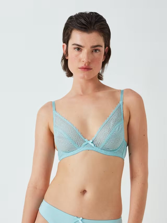 ‘Felicity’ high apex, non padded, lace plunge bra in soft aqua