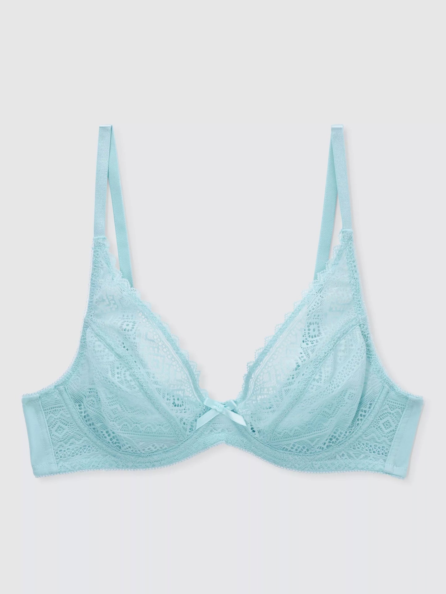 ‘Felicity’ high apex, non padded, lace plunge bra in soft aqua