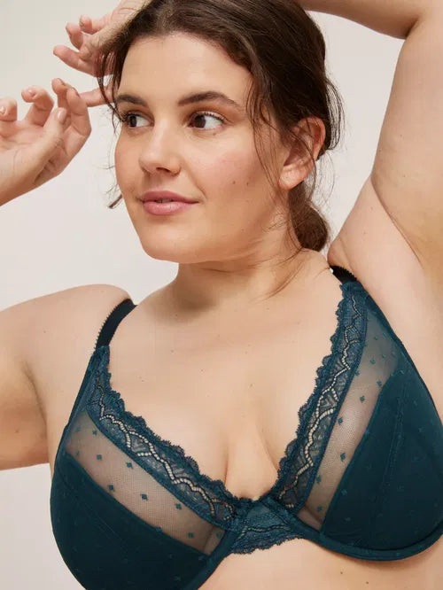 ‘Teagan’ high apex, lightly padded bra in forest green, full support
