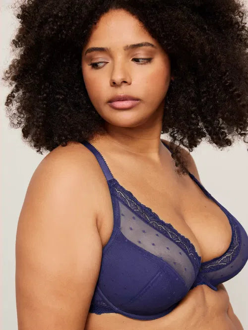 ‘Teagan’ high apex, lightly padded bra in navy, full support