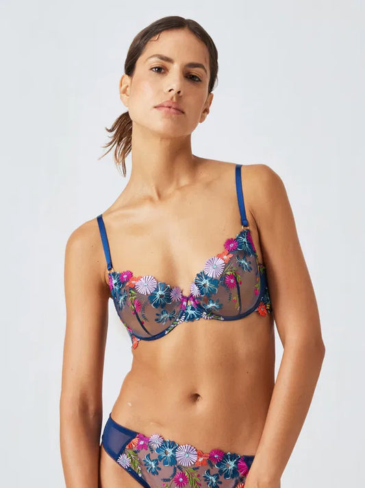 ‘Kiki’ retro floral, embroidered balcony bra in blue