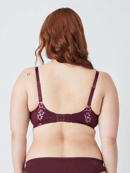 ‘Luna’ floral lace balcony bra, full support, in plum size 34E