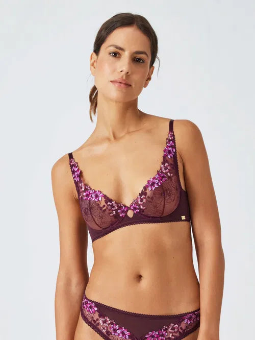 ‘Luna’ floral lace balcony bra in plum size 32DD