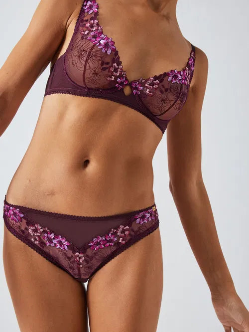 ‘Luna’ floral lace balcony bra in plum size 32DD