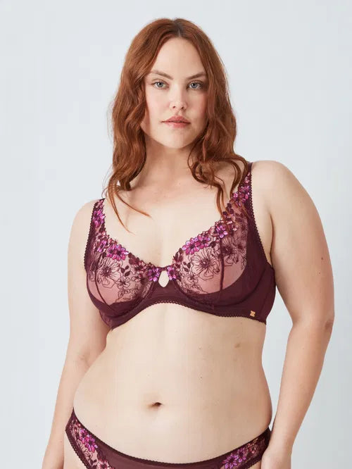 ‘Luna’ floral lace balcony bra, full support, in plum size 34E