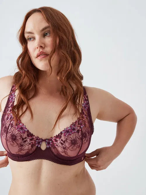 ‘Luna’ floral lace balcony bra, full support, in plum size 34E