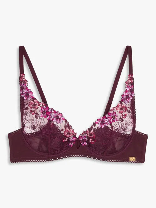 ‘Luna’ floral lace balcony bra in plum size 32DD
