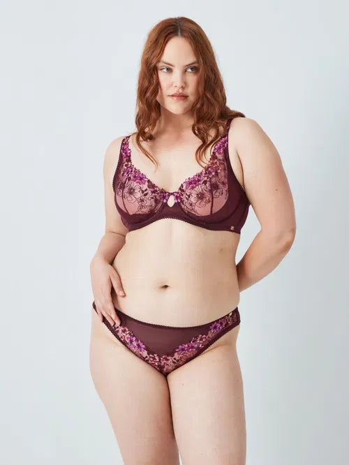‘Luna’ floral lace balcony bra, full support, in plum size 34E