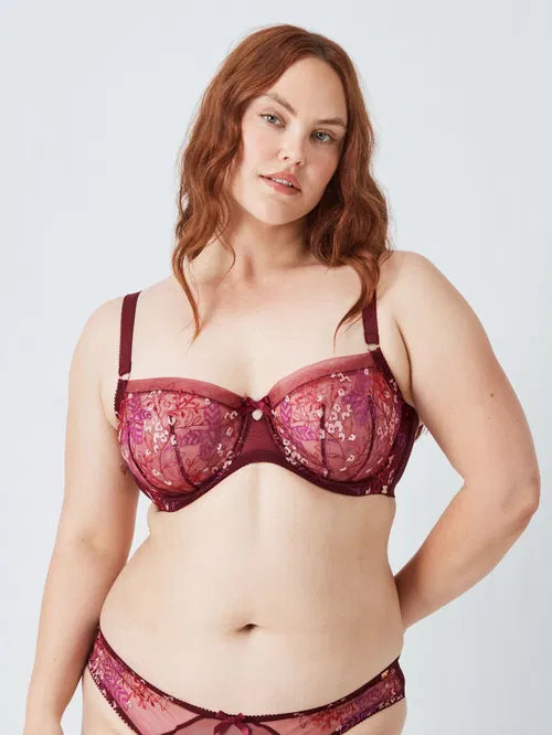 ‘Harper’ desert leaf, embroidered mesh full support balcony bra in burgundy size 36FF
