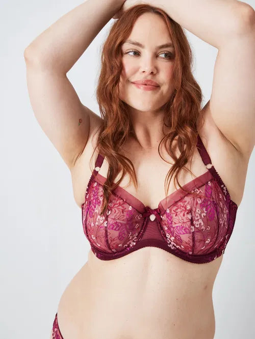 ‘Harper’ desert leaf, embroidered mesh full support balcony bra in burgundy size 36FF