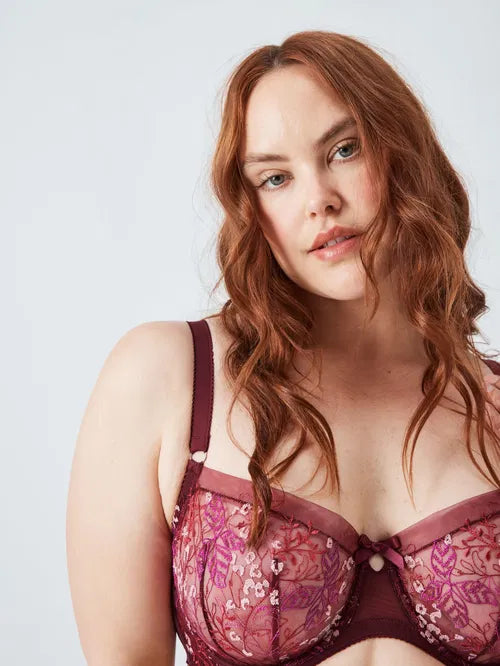 ‘Harper’ desert leaf, embroidered mesh full support balcony bra in burgundy size 36FF