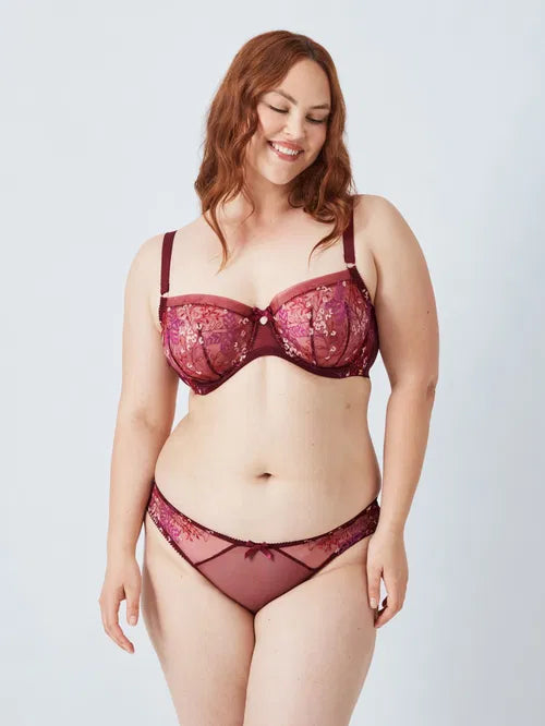 ‘Harper’ desert leaf, embroidered mesh full support balcony bra in burgundy size 36FF
