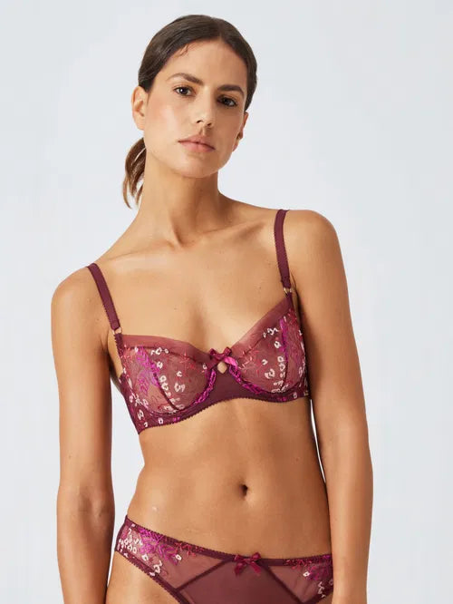 ‘Harper’ desert leaf, embroidered mesh balcony bra in burgundy