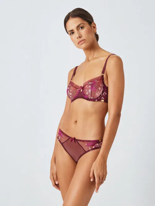 ‘Harper’ desert leaf, embroidered mesh balcony bra in burgundy